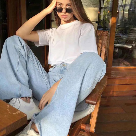 Classic Straight-Leg High-Waisted Denim Jeans with Raw Hem â Multiple Colors Available