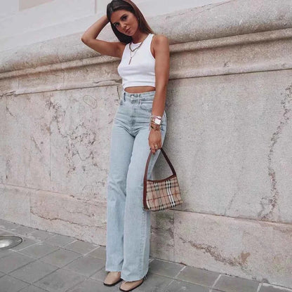 Fastdrop Shop Classic High-Waisted Straight-Leg Jeans with Raw Hem fastdrop shop