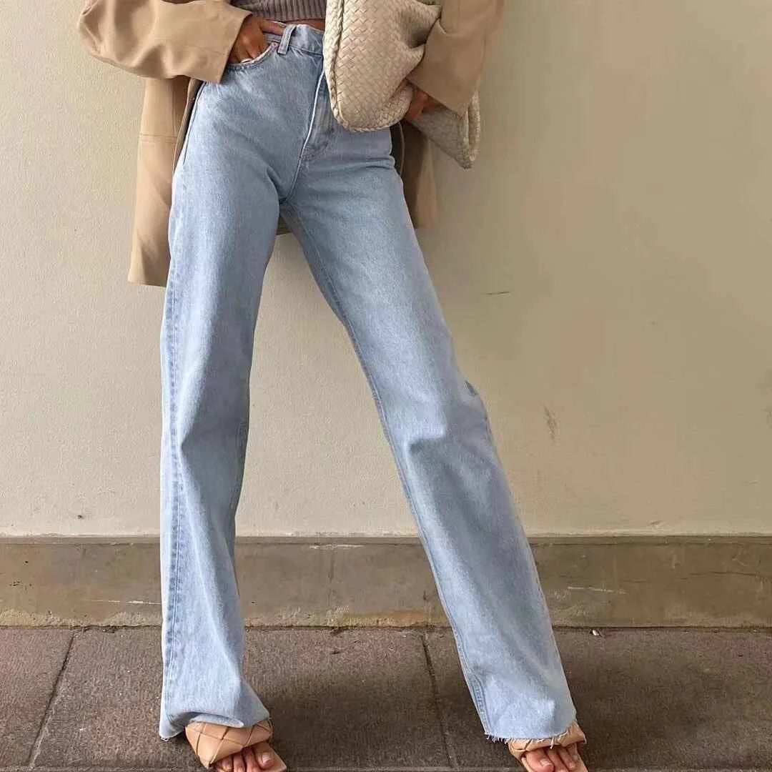 Classic Straight-Leg High-Waisted Denim Jeans with Raw Hem – Multiple Colors Available