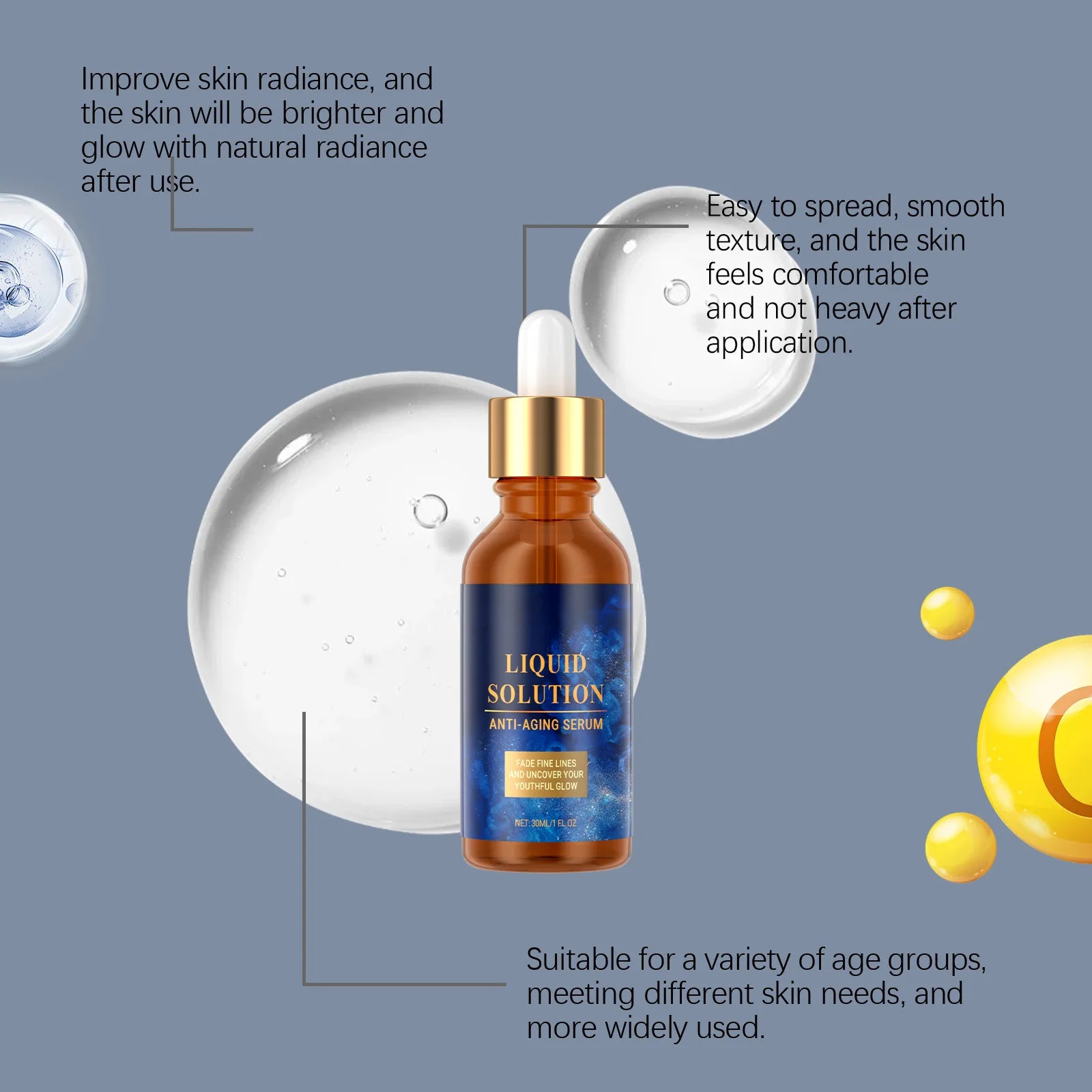 Anti Aging Serum Reduce Wrinkles Fade Fine Lines Whitening in a stylish bottle surrounded by serum droplets.