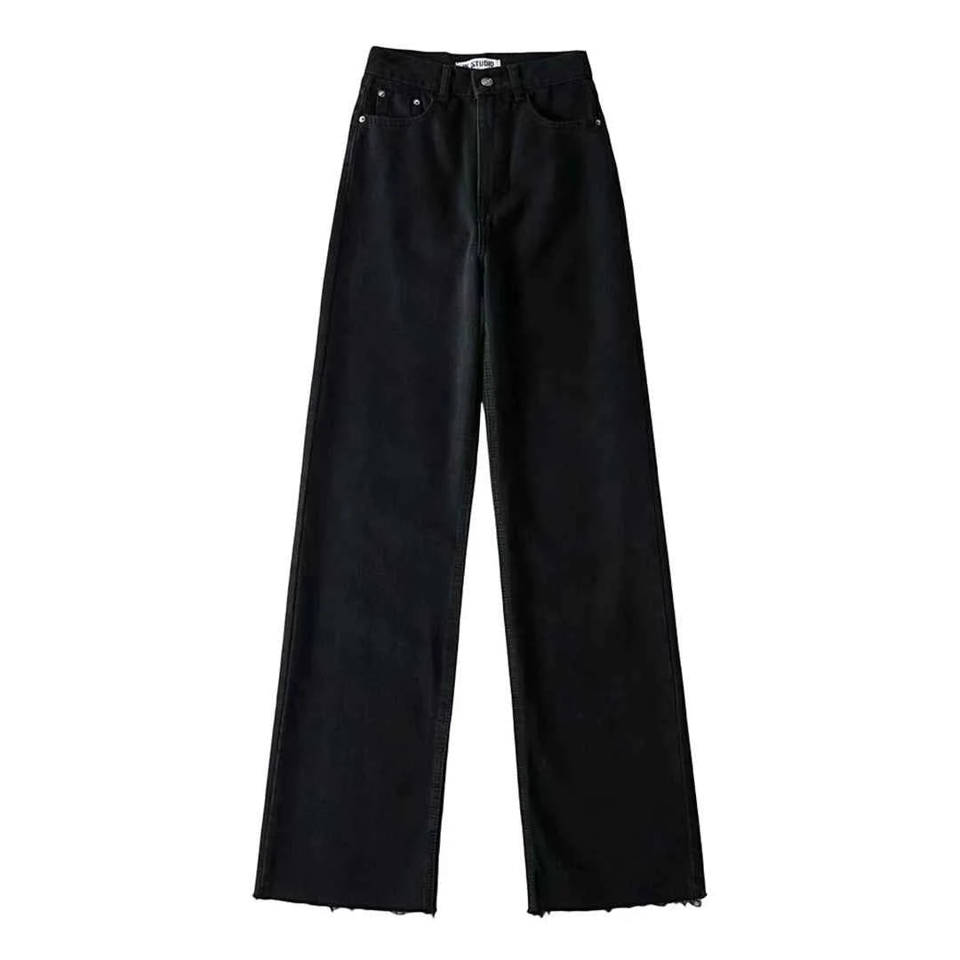 Classic Straight-Leg High-Waisted Denim Jeans with Raw Hem – Multiple Colors Available