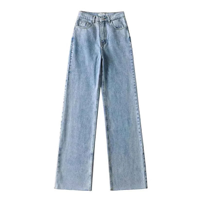 Fastdrop Shop Classic High-Waisted Straight-Leg Jeans with Raw Hem fastdrop shop SKY BLUE XS