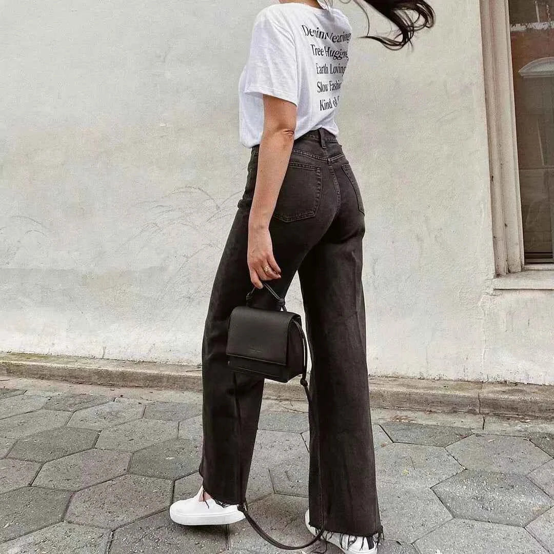 Classic Straight-Leg High-Waisted Denim Jeans with Raw Hem – Multiple Colors Available