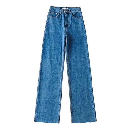 Fastdrop Shop Classic High-Waisted Straight-Leg Jeans with Raw Hem fastdrop shop DEEP BLUE XS
