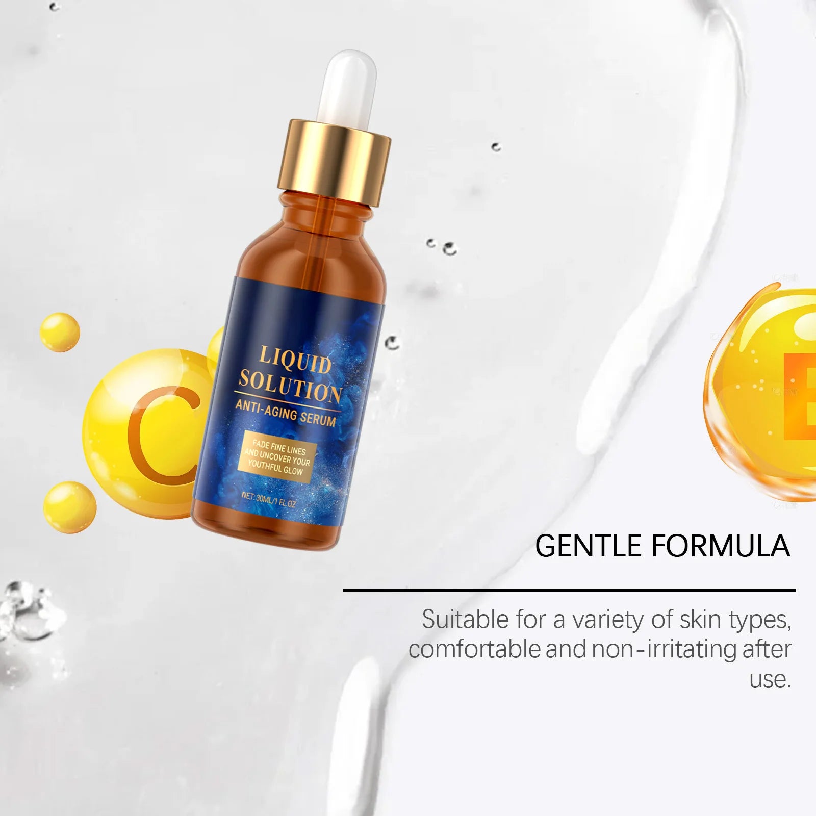 Anti Aging Serum Reduce Wrinkles Fade Fine Lines Whitening - Liquid Solution with dropper on light background.